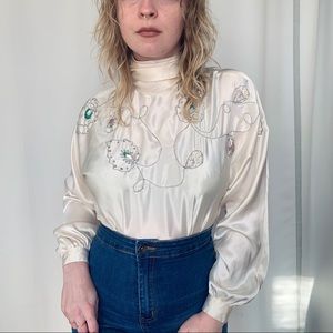 Silky Beaded and Embroidered Long Sleeve Blouse